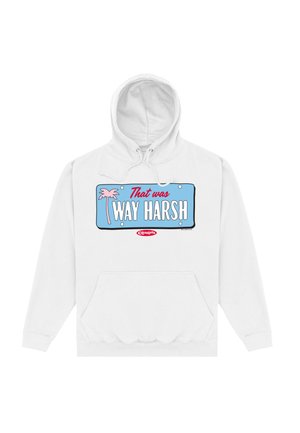 Weißer Hoodie mit blauem Nummernschild-Motiv, einer pinken Palme und dem Text „That was WAY HARSH“ sowie einem roten „Clueless“-Logo darunter.