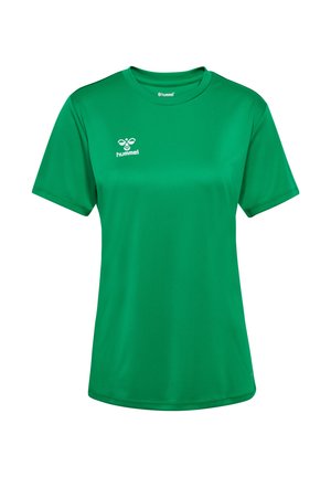 T-shirt de sport vert en polyester lisse, à manches courtes et col rond, avec un logo blanc sur la poitrine gauche.