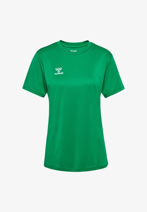Grøn sports T-shirt lavet af glat polyester, med korte ærmer og rund hals, der har et hvidt logo på venstre bryst.