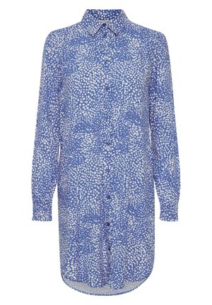 Sinine särk, millel on kaelus, pikad varrukad ja esine nööpauk. Kanga pinnal on valge täpiline muster.