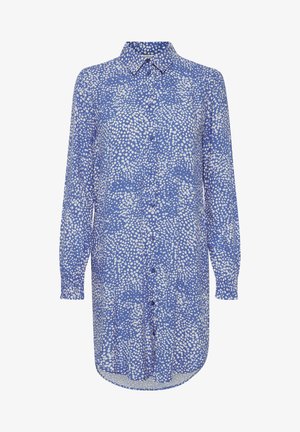 Plava košulja s ovratnikom, dugim rukavima i prednjim zatvaranjem na dugmad. Tkanina ima bijeli točkasti uzorak kroz cijelu površinu.