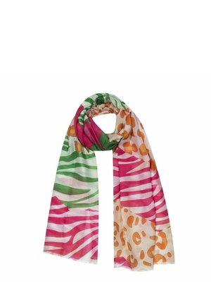 Lightweight scarf with vibrant green and pink zebra stripes and orange leopard spots on a white background, loosely folded.