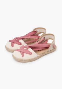 Espadrillas in tela con upper crema e incroci in tessuto rosa, caratterizzate da una suola in juta e un design con tallone aperto.