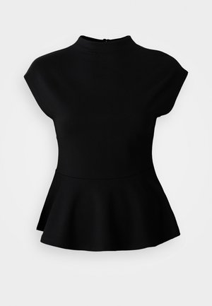 Schwarzes Kurzarm-Peplum-Top mit hohem Ausschnitt und ausgestellt Taille, auf einem weißen Hintergrund präsentiert.