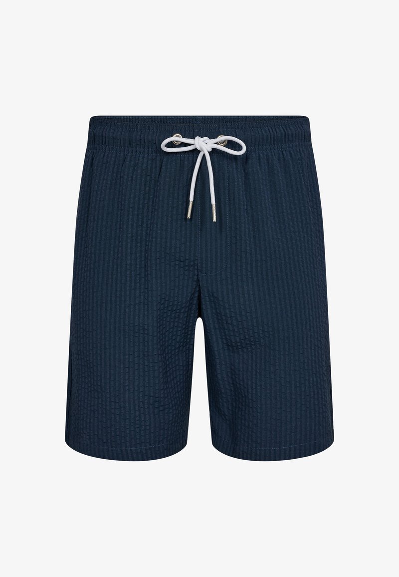 Marineblå badebukser med et struktureret, rutemønster, elastisk talje og hvid snor. Har metaløjer og syede sømme.