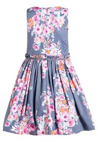 Floral dress featuring a blue-gray fabric, sleeveless design, gathered waist, and vibrant pink, orange, and green flower patterns.
