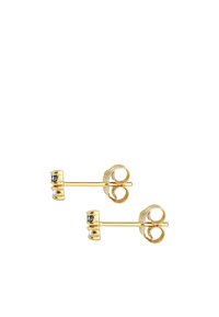 Goldfarbene Ohrringe mit Stecker, die ein rundes Design und einen klaren Steinakzent aufweisen. Die Stecker sind schlicht und haben eine sichere Butterfly-Verschluss.