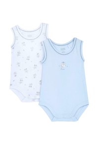 Deux bodys sans manches pour bébé, l'un bleu clair avec un petit motif de renard, l'autre blanc avec un motif répété de renards, tous deux avec des fermetures à pression.