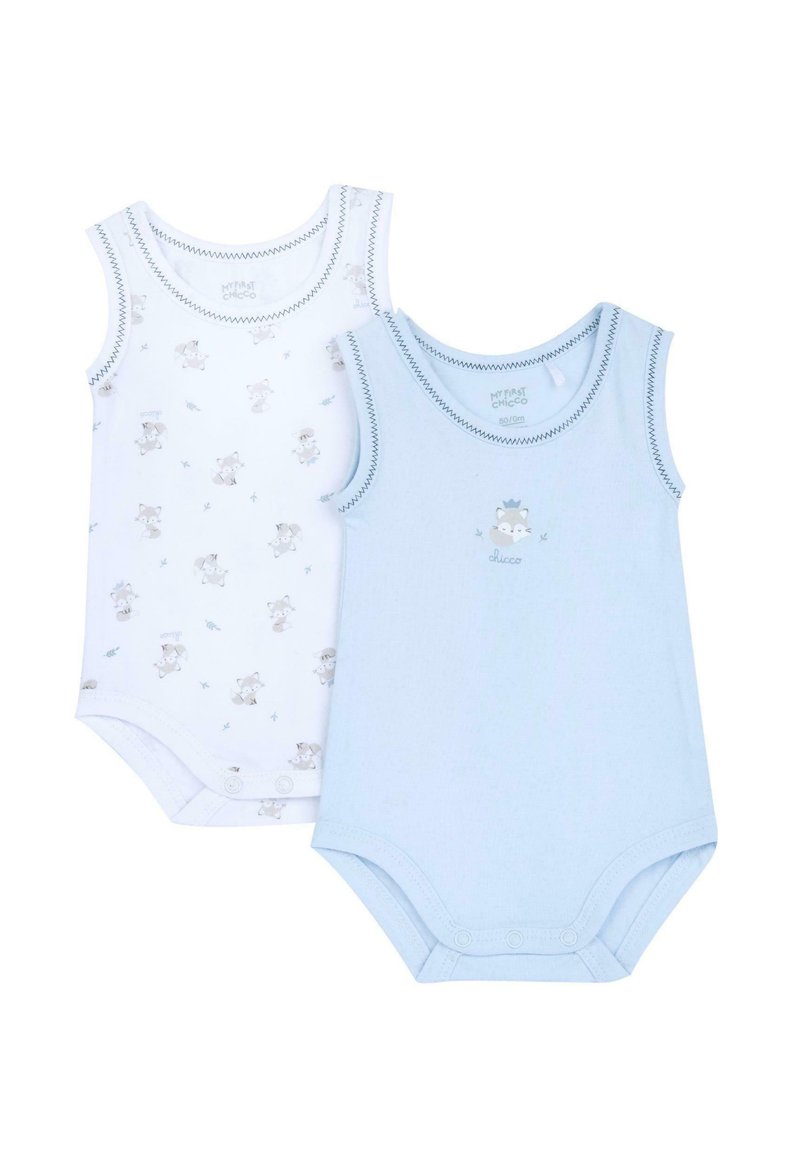 Deux bodys sans manches pour bébé, l'un bleu clair avec un petit motif de renard, l'autre blanc avec un motif répété de renards, tous deux avec des fermetures à pression.