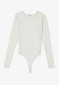 Long-sleeve white bodysuit made of soft fabric, featuring a round neck and thong bottom with a snap closure for secure fit.