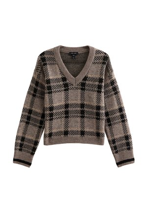 Pull en maille à col en V de couleur brun clair avec un motif à carreaux noirs. Dispose de manches longues et d'un ourlet court. Fabriqué à partir d'un tissu doux.