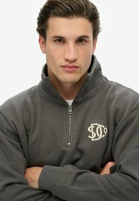 Grijze fleece pullover met een hoge kraag en een ritssluiting aan de voorkant, met een crèmekleurig logo op de borst en geribbelde manchetten. Zachte textuur.