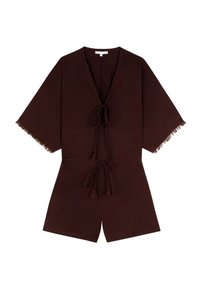 Prenda de estilo kimono marrón con escote en V, mangas cortas y bordes con flecos. Presenta lazos ajustables en la cintura con borlas.