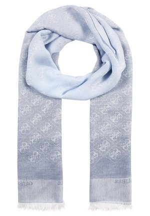 Lichtblauwe sjaal met een subtiel herhalend bloemetjespatroon, verloopverkleuring en franjes aan de uiteinden, opgevouwen in een cirkelvormige lus.
