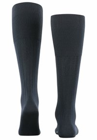 Calzini neri fino al ginocchio con texture a coste, una soletta liscia e talloni rinforzati, progettati per comfort e durata.