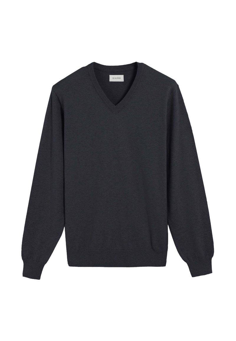 Donkergrijze V-hals trui, gemaakt van zacht gebreid materiaal. Kenmerkt zich door lange mouwen en geribbelde boorden voor een aangesloten silhouet.