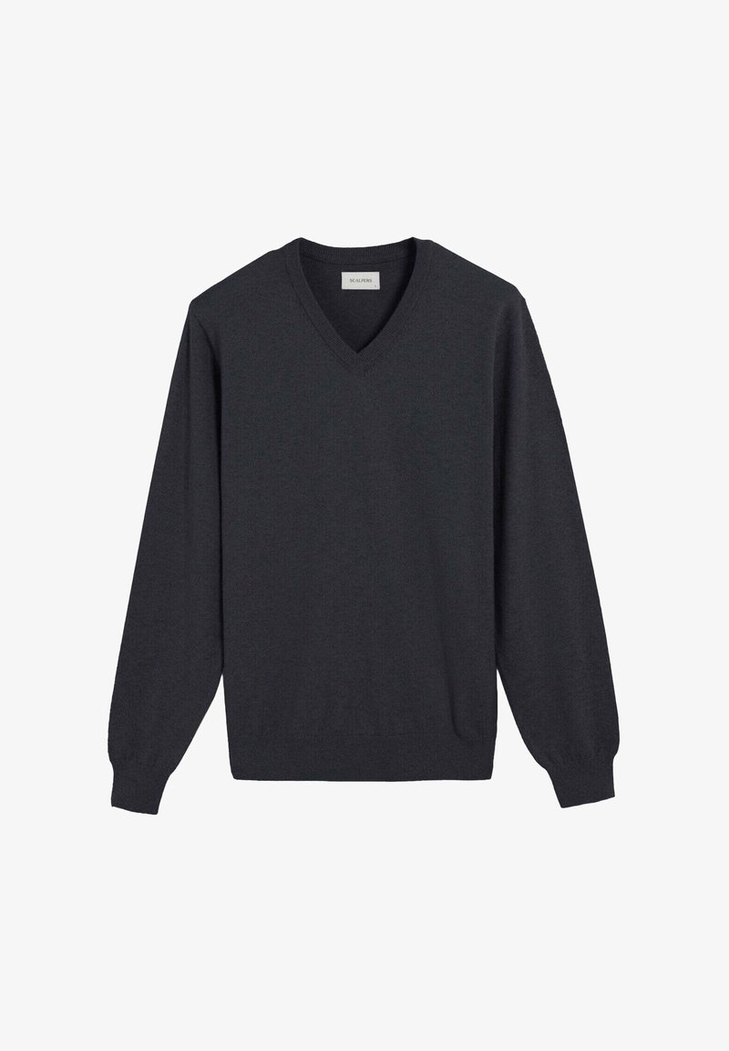 Maglione a V in grigio scuro, realizzato in morbido tessuto a maglia. Presenta maniche lunghe e polsini a costine per un silhouette aderente.