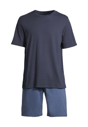 Set loungewear due da uomo: una t-shirt a maniche corte blu scuro e pantaloni corti azzurri, entrambi realizzati in morbido cotone, con una vestibilità classica.