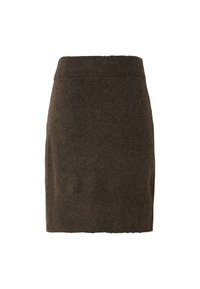 Jupe crayon en laine tricotée marron foncé avec taille et ourlet côtelés, longueur genou, design simple sur fond blanc.