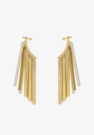 Złote kolczyki z kaskadowymi prostokątnymi prętami w odcieniach złota i srebra, z zapięciem na haczyk i teksturowaną powierzchnią.