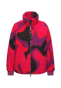Veste en polaire avec un motif abstrait rose, violet et noir, col haut, fermeture éclair intégrale et poignets côtelés. Tissu texturé et chaud.