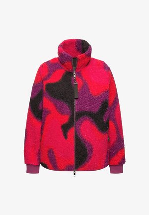Fleecejakke med et abstrakt mønster i pink, lilla og sort, høj krave, fuld lynlås og ribbede manchetter. Tekstureret, varmt stof.