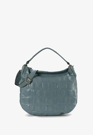 Sac à main en cuir à motif crocodile de couleur bleu pastel, présentant une forme arrondie, une bandoulière réglable et des accents de quincaillerie dorée.