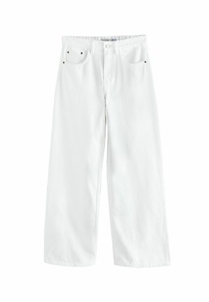Valged laia säärega teksapüksid, millel on kõrge vöökoht, kaks esist taskut ja õrnad kuldsed detailid. Sile tekstuur, vabaaja disain.