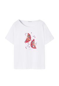 Bílý bavlněný tričko s barevným grafickým motivem dvou stylizovaných plátků ovoce. Krátké rukávy a pohodlný střih.