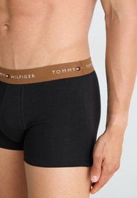 Boxer-briefs en coton noir avec une ceinture élastique marron arborant le logo "TOMMY HILFIGER" et un accent de logo. Finition de tissu lisse.