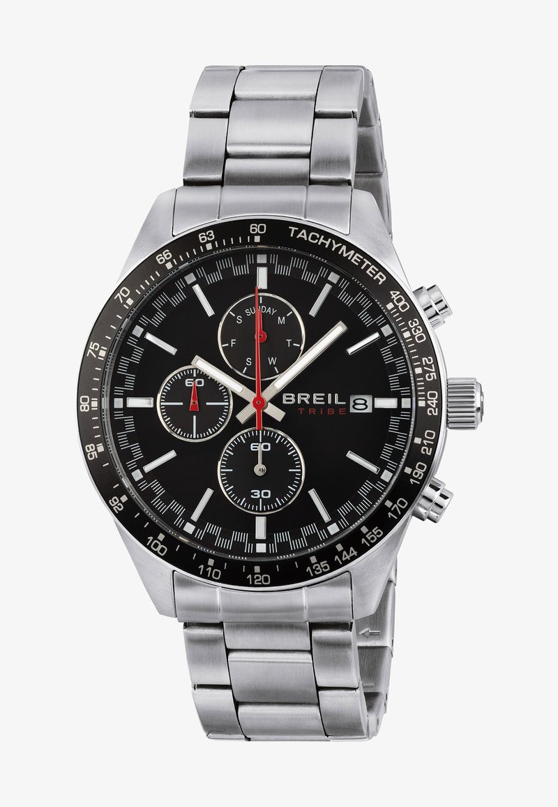 Montre en acier inoxydable argenté avec un cadran noir, fonctions chronographe, accents rouges et échelle tachymétrique. Comprend trois sous-cadrans.