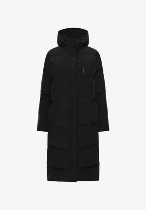 Manteau en duvet noir avec capuche, de coupe droite, présentant de grandes sections matelassées et une poche zippée sur la poitrine pour le rangement.