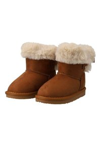 Bottines en suède marron avec un col en fausse fourrure crémeuse, semelle en caoutchouc plate et détails cousus le long de la couture.
