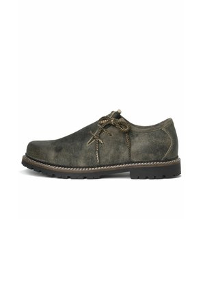 Grüne Leder Schnürschuhe mit strukturiertem Finish, runder Zehenpartie und kontrastierenden Nähten auf einer schwarzen Gummisohle. Die Schnürsenkel sind geflochten.