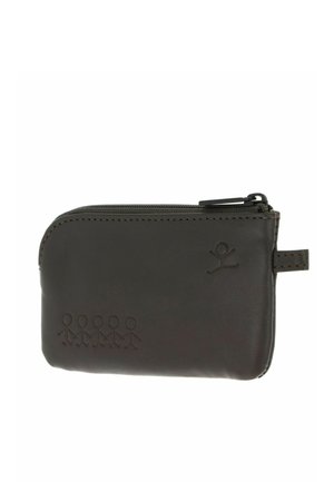 Small black leather zipper pouch with embossed stick figure designs and a pull tab on the side.