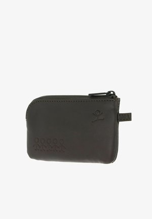 Kleine schwarze Leder-Reißverschlusstasche mit eingeprägten Strichmännchen-Designs und einer Zuglasche an der Seite.