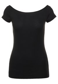 Svart off-shoulder topp i mjukt, stretchigt material; figurnära design med korta ärmar och en klassisk, enkel stil.