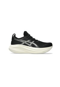 Chaussure de sport noire avec une semelle blanche épaisse et des bandes blanches stylisées sur le côté, vue de profil tournée vers la droite sur fond blanc.