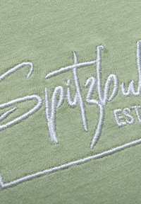 Light green fabric featuring white embroidered text "Spitzb..." and "EST..." with a smooth texture and subtle variations in stitching.