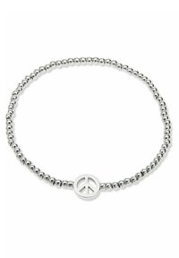 Bracciale in argento con perline e un simbolo della pace centrale. Le perline sono lisce e lucide, creando un design minimalista.