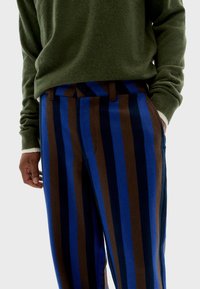 Pantalones a rayas con franjas verticales azules y marrones, con un corte entallado y lazos para cinturón, combinados con un suéter verde oliva.