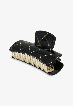 Fermaglio per capelli nero con una finitura lucida, caratterizzato da dettagli in oro e un design a motivo diamante con piccole pietre brillanti. Impugnatura curva e robusta.