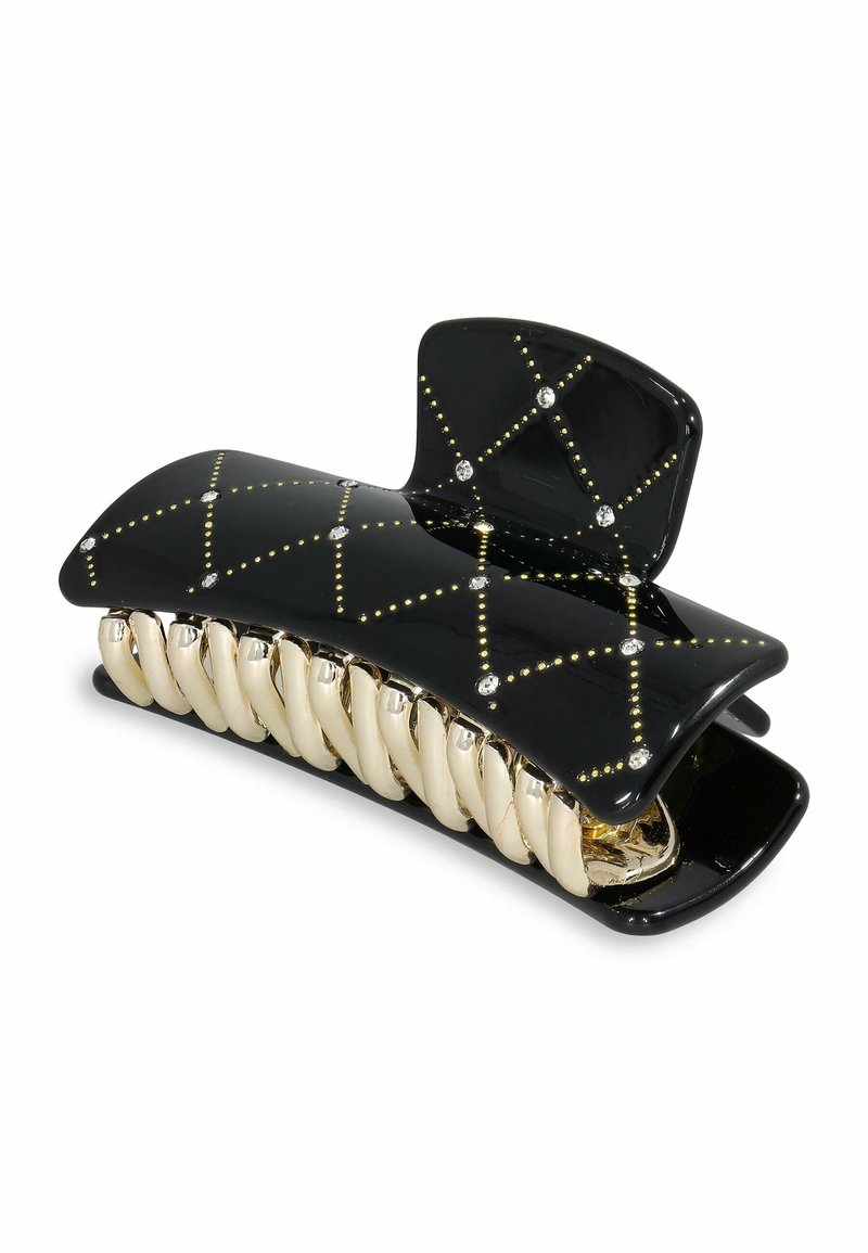 Svart hårspänne med en glansig yta, utrustad med guld-accenter och en diamantmönstrad design med små rhinestones. Böjt, stabilt grepp.