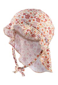 Sonnenhut mit floralen Mustern in Pfirsich, ausgestattet mit einem Rüschensaum, Bindebändern und einem weichen, strukturierten Stoff mit rosa und orangefarbenen Blumenmustern.