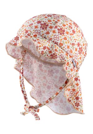 Sonnenhut mit floralen Mustern in Pfirsich, ausgestattet mit einem Rüschensaum, Bindebändern und einem weichen, strukturierten Stoff mit rosa und orangefarbenen Blumenmustern.