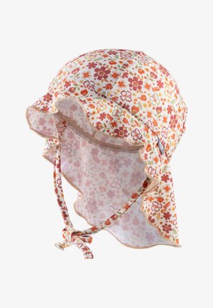 Sonnenhut mit floralen Mustern in Pfirsich, ausgestattet mit einem Rüschensaum, Bindebändern und einem weichen, strukturierten Stoff mit rosa und orangefarbenen Blumenmustern.