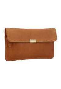 Rectangular tan leather wallet with visible stitching and a small rectangular metal clasp on the front flap.
