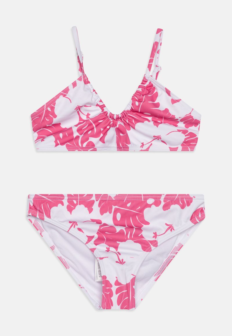 Ensemble de bikini avec un fond blanc décoré de grands motifs de feuilles roses. Le haut dispose de bretelles ajustables et se resserre au centre. Le bas est assorti.