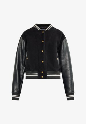 Črna jakna z nobeljem iz semiša in usnjenimi rokavi. Ima zlate gumbke na zapenjalo, črtaste rebraste manšete in rob ter stranske žepe.