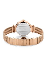 Sat s ružičastim zlatom s mrežastim remenom, glatka okrugla kućišta, safirno staklo i gravirana stražnja strana. Sadrži teksturirani remen i kopču.